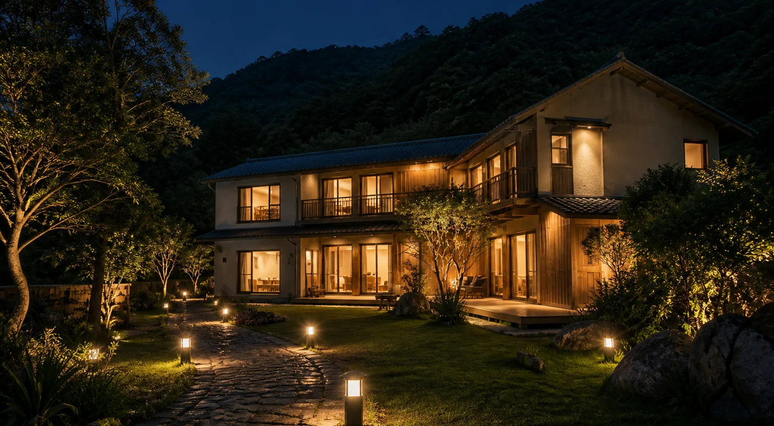 夜間亮著暖光的民宿建築與庭院