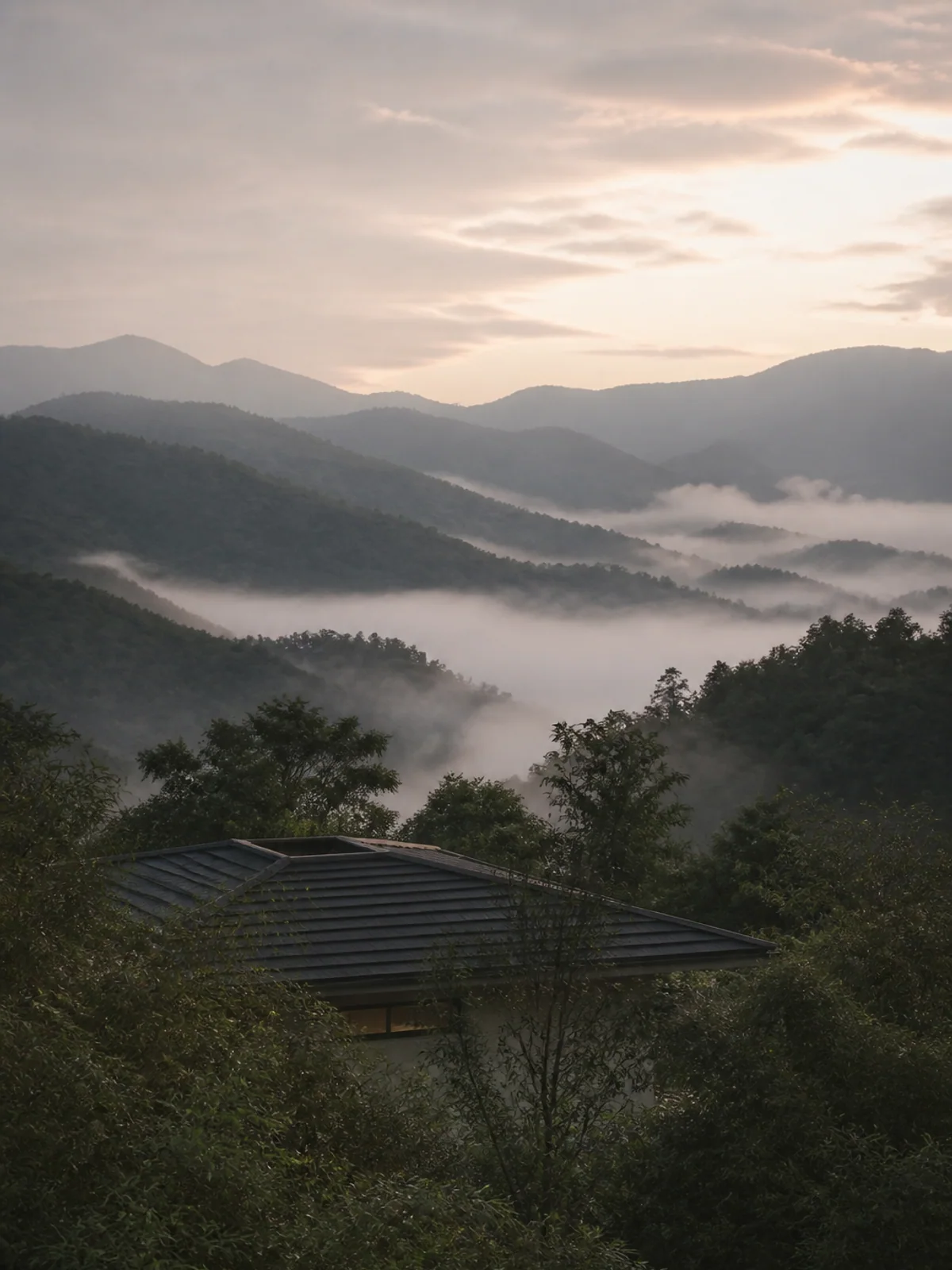 清晨山谷的霧與屋頂輪廓
