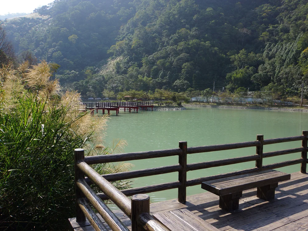 望龍埤的湖面與環湖木棧道
