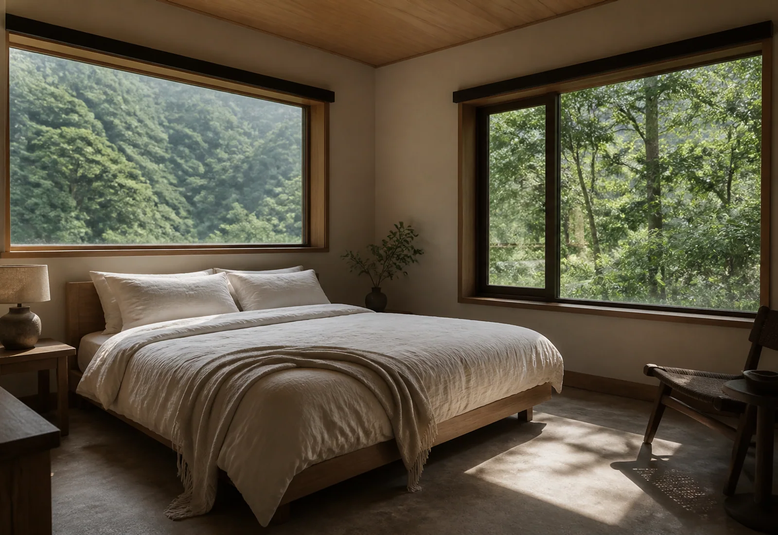 森語雙人房的雙人床與大面窗景